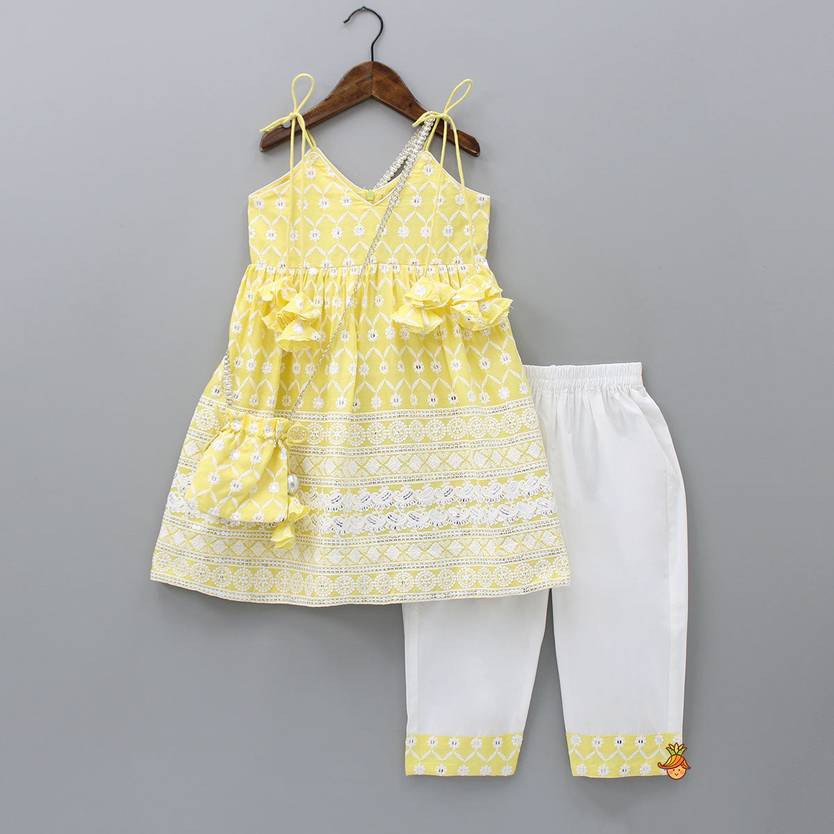 Strappy V Neck Embroidered Yellow Kurti And Pant With Sling Bag