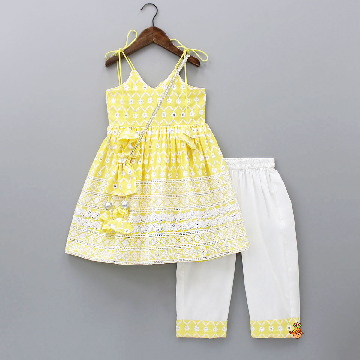 Strappy V Neck Embroidered Yellow Kurti And Pant With Sling Bag