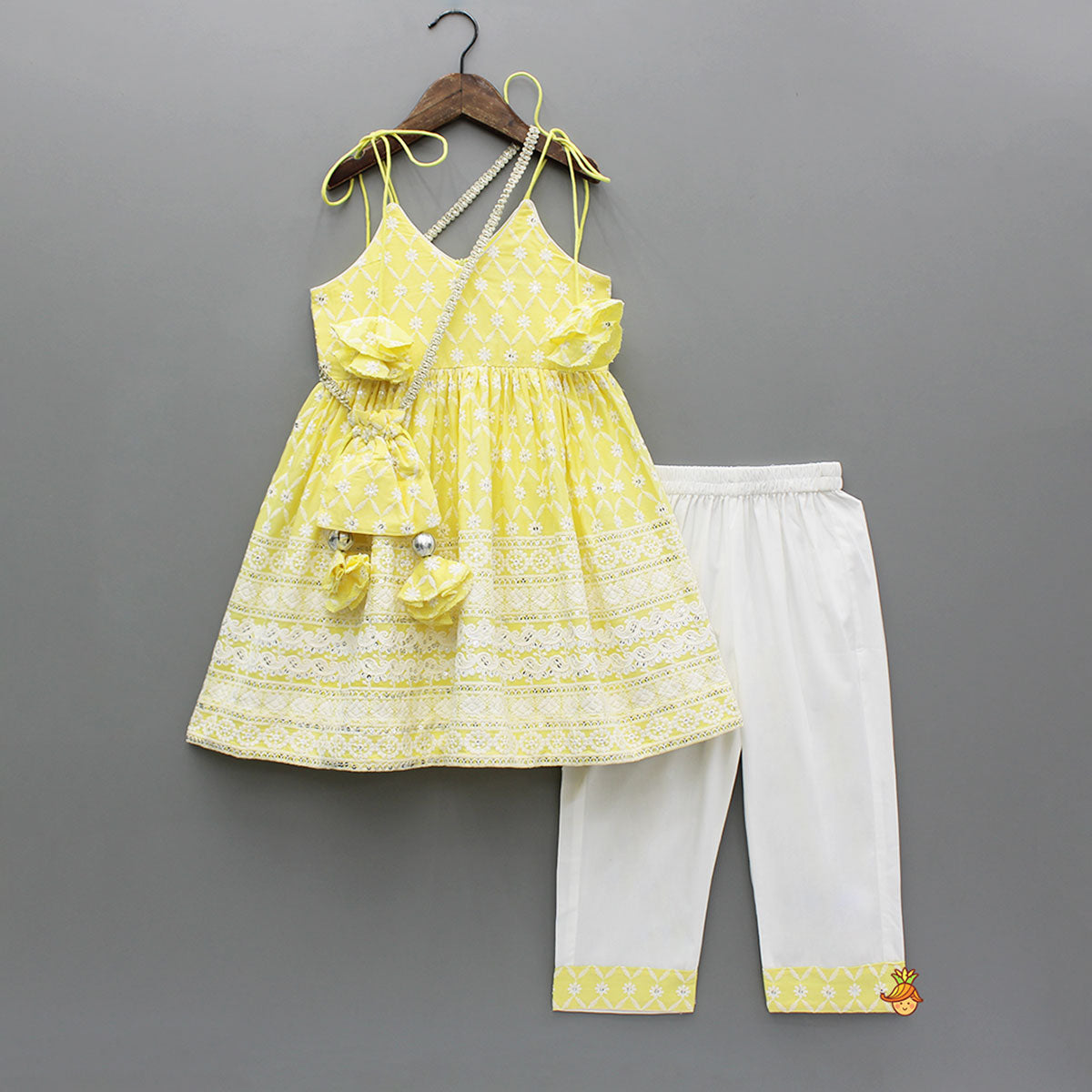 Strappy V Neck Embroidered Yellow Kurti And Pant With Sling Bag