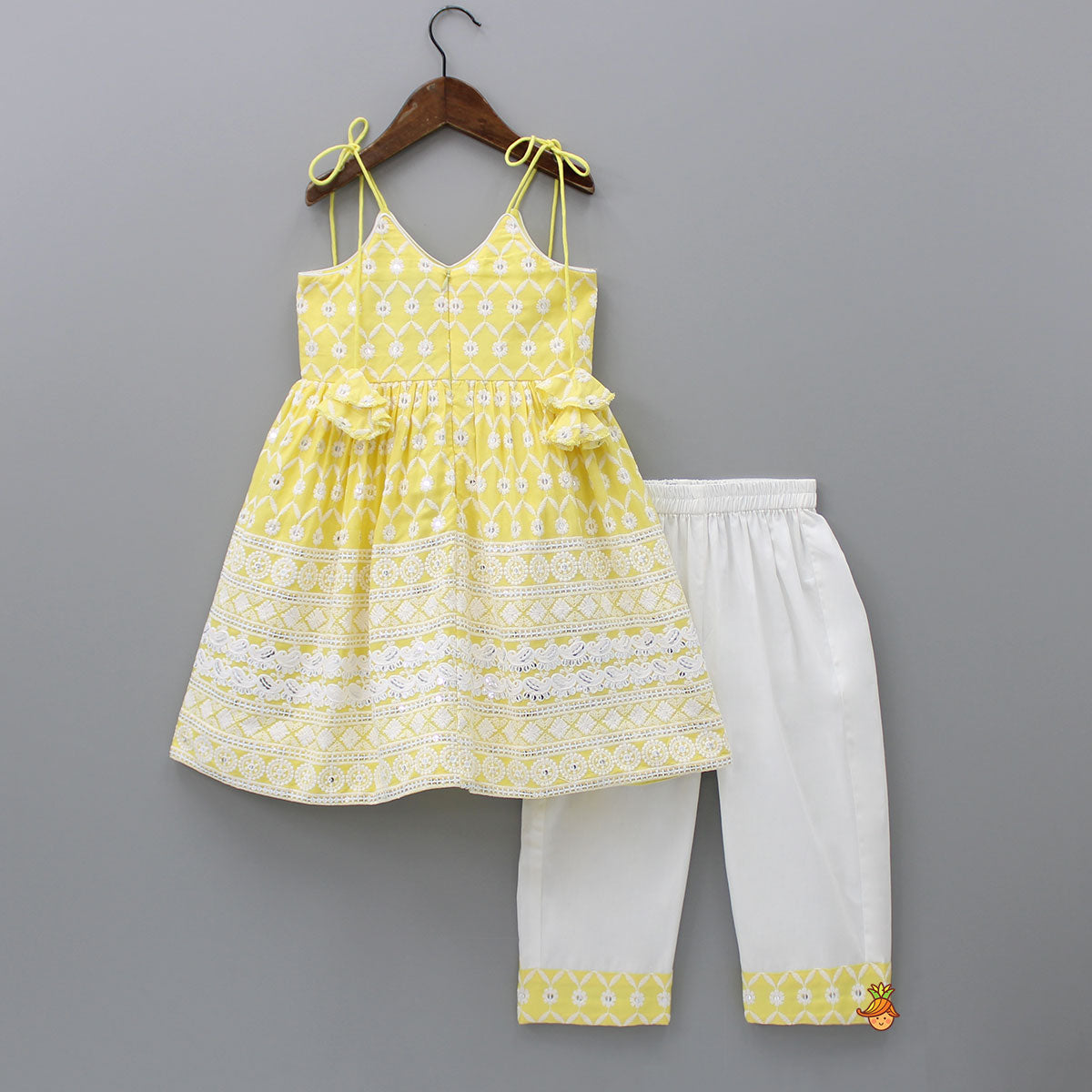 Strappy V Neck Embroidered Yellow Kurti And Pant With Sling Bag