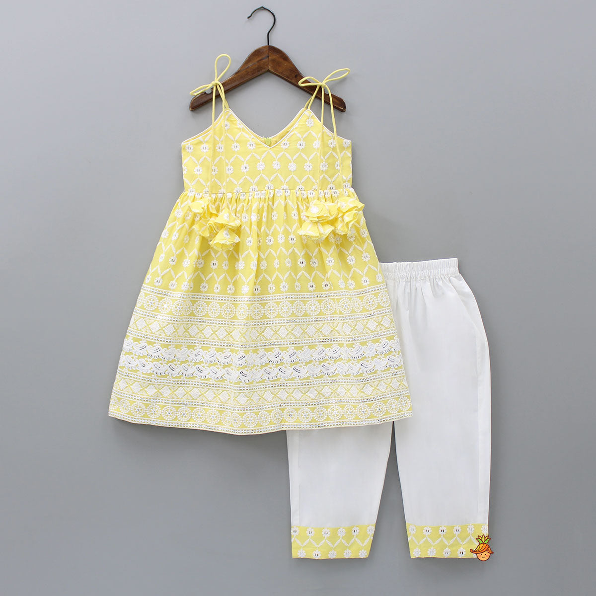 Strappy V Neck Embroidered Yellow Kurti And Pant With Sling Bag