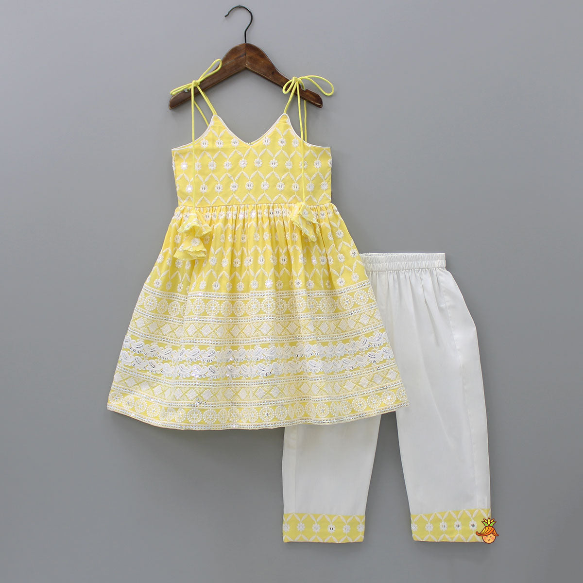 Strappy V Neck Embroidered Yellow Kurti And Pant With Sling Bag