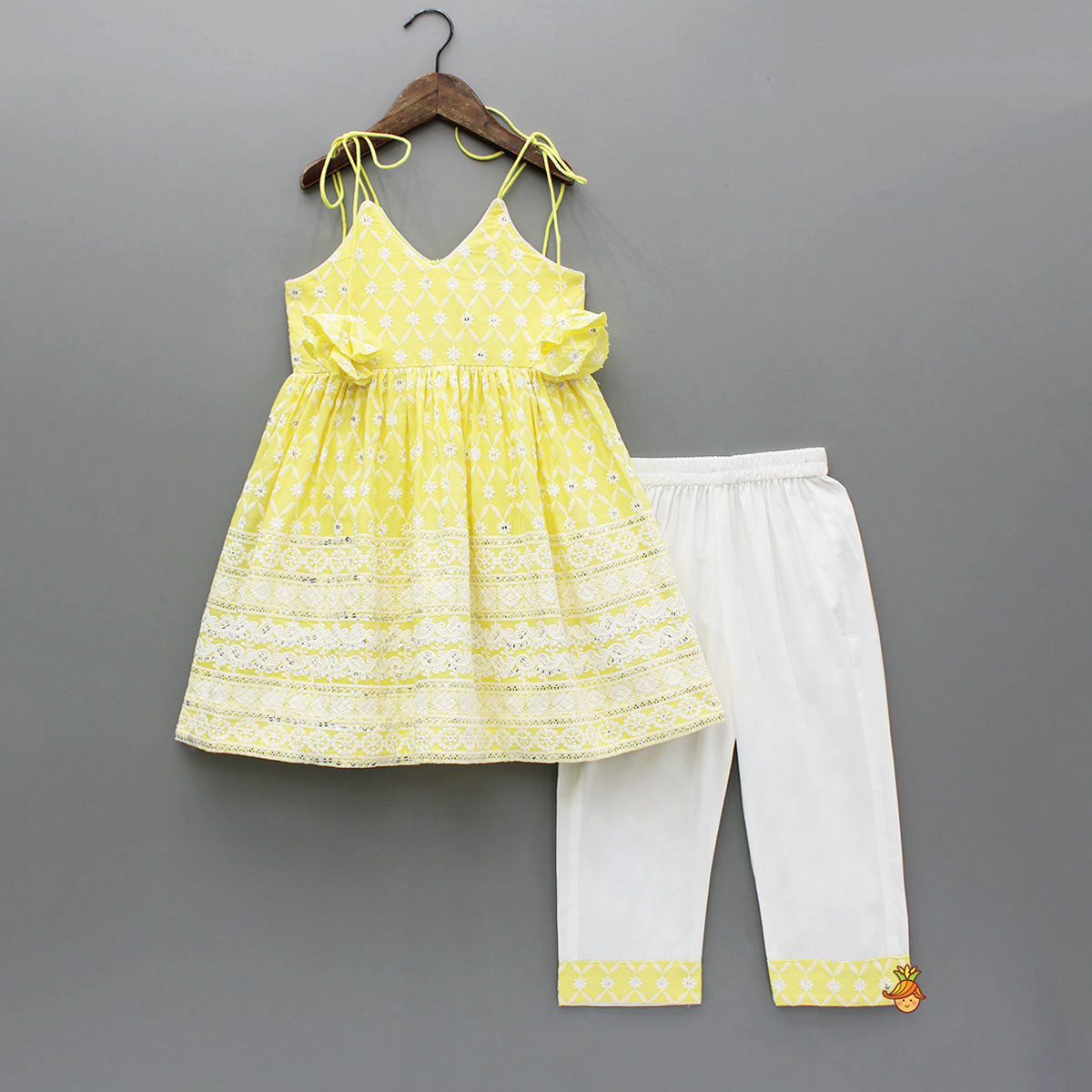 Strappy V Neck Embroidered Yellow Kurti And Pant With Sling Bag
