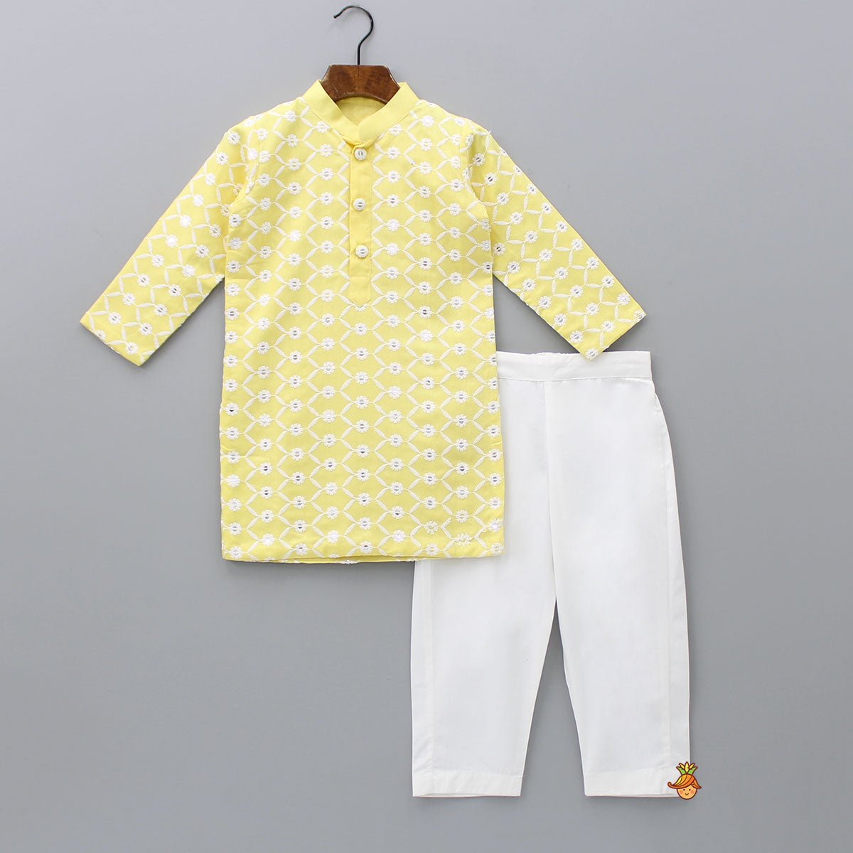 Ethnic Sequins And Thread Embroidered Yellow Kurta With Pyjama