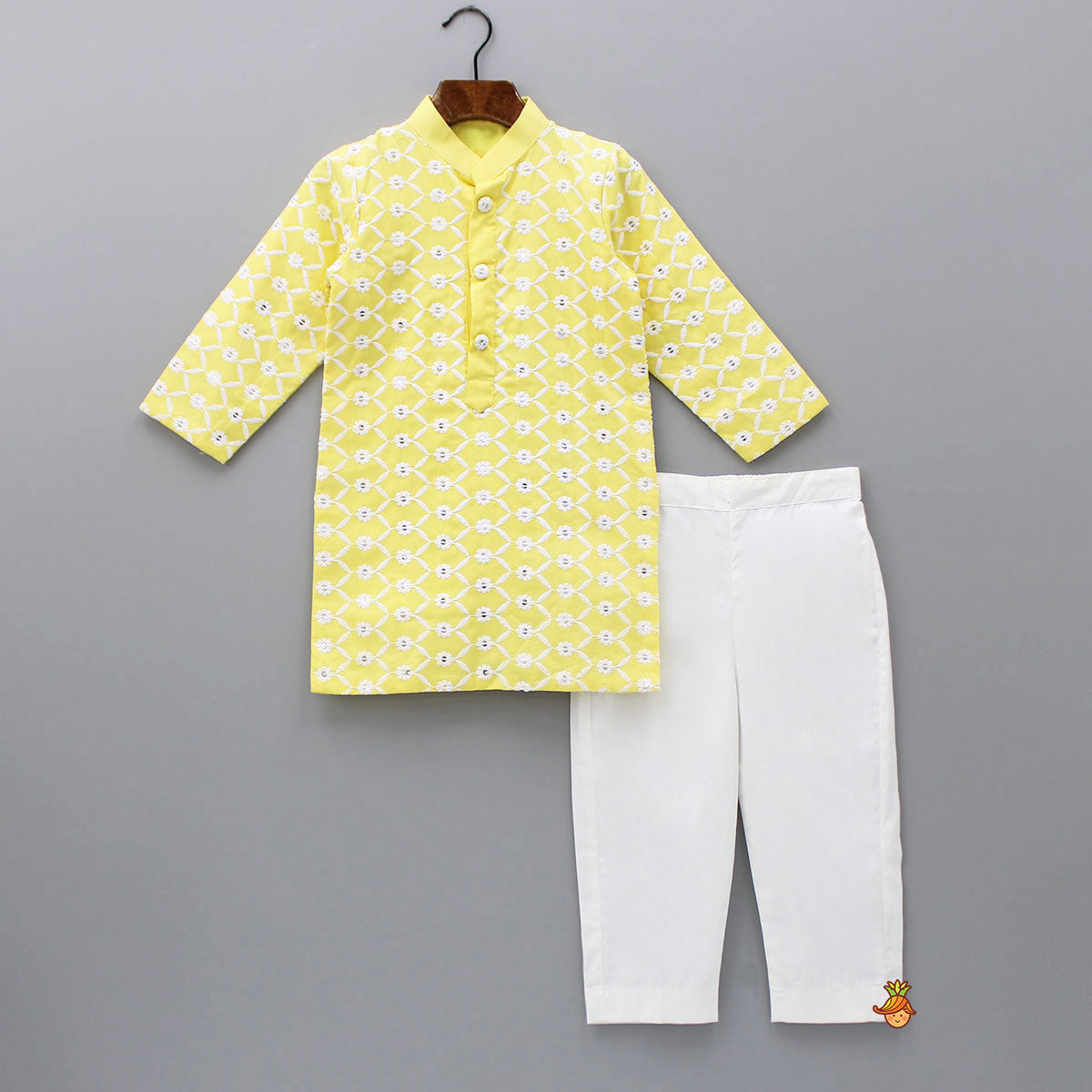 Ethnic Sequins And Thread Embroidered Yellow Kurta With Pyjama