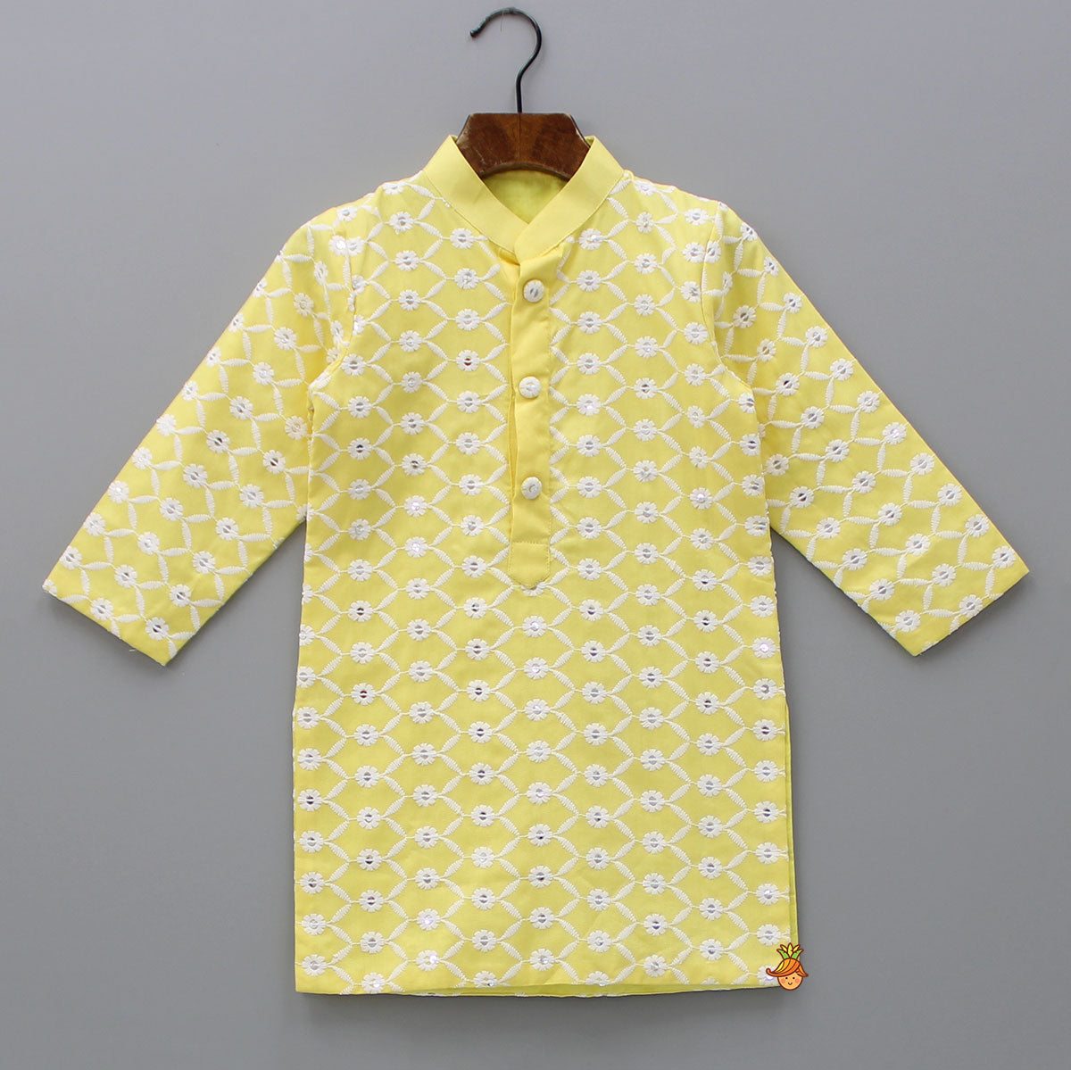 Ethnic Sequins And Thread Embroidered Yellow Kurta With Pyjama