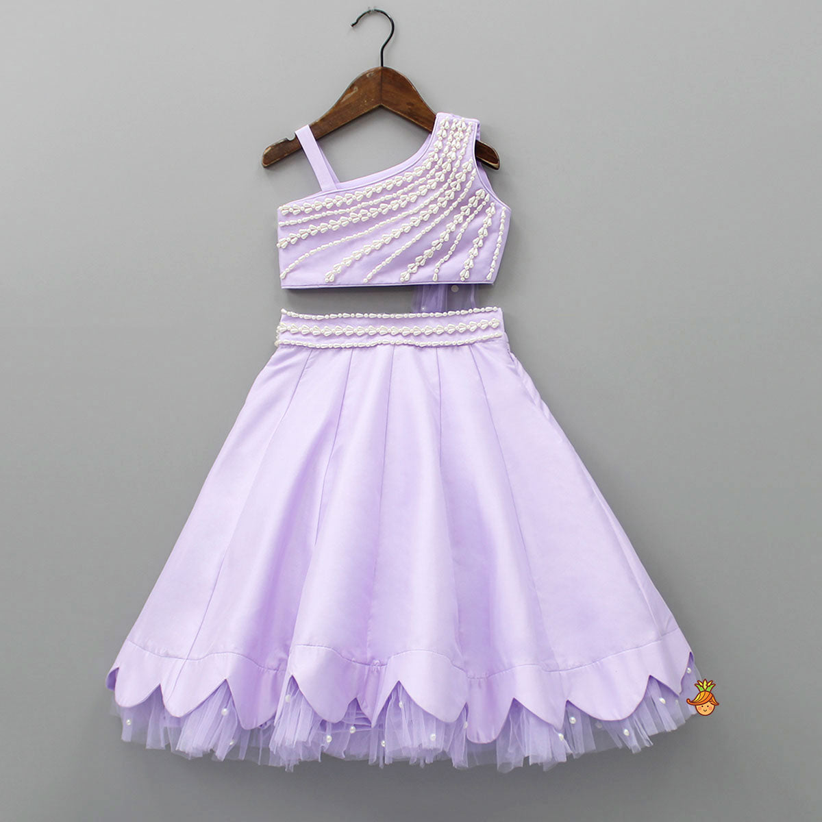 One Shoulder Lilac Drape Top And Scalloped Hem Lehenga