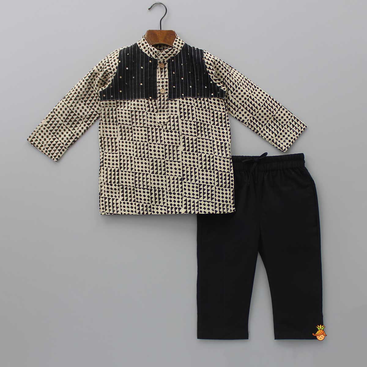 Contrasting Pin Tuck Detail Yoke Kurta And Black Pyjama
