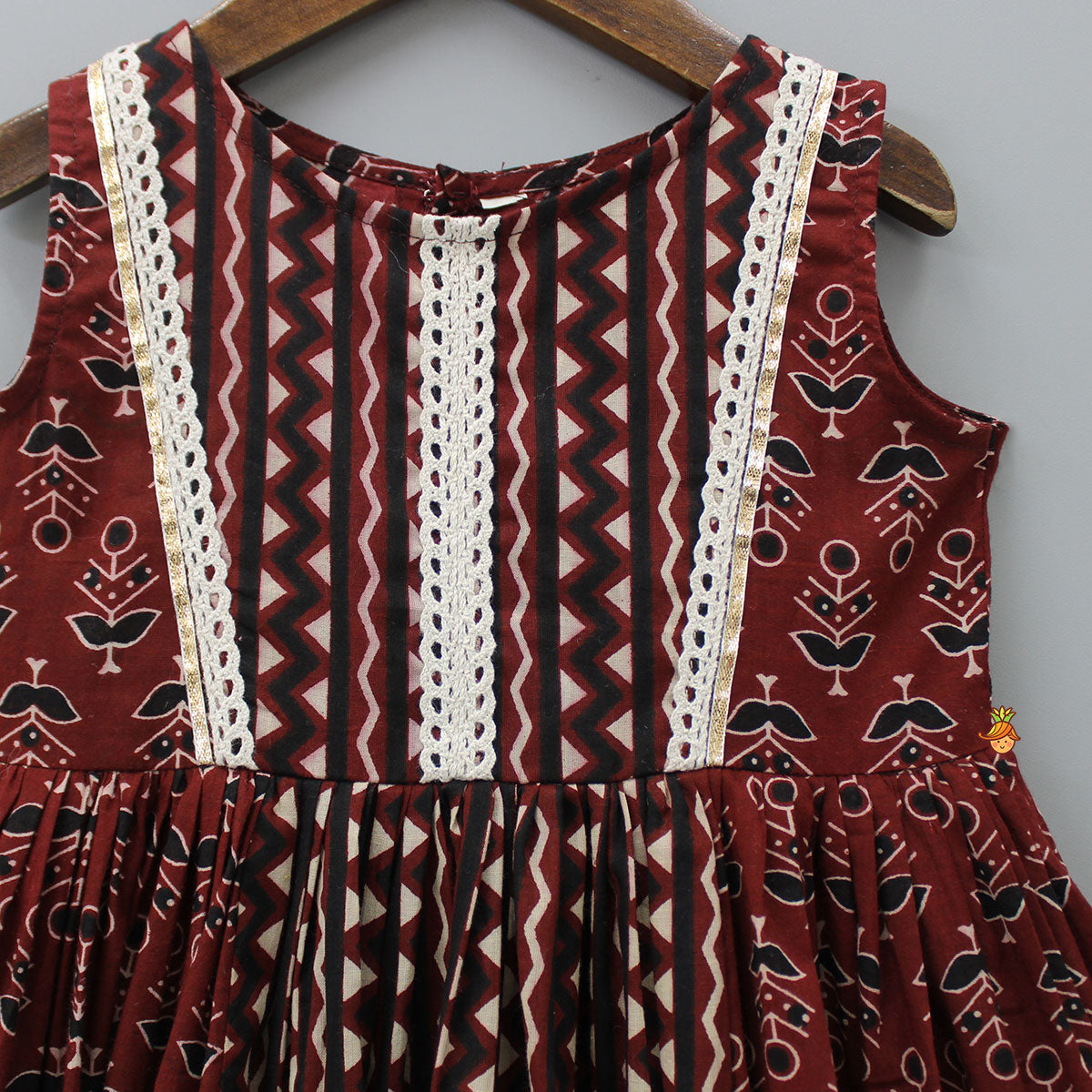 Lace Detail Yoke Printed Brown Kurti