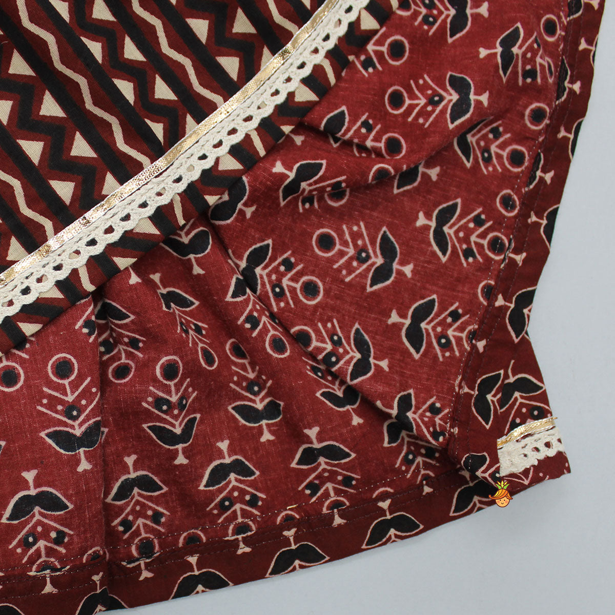 Lace Detail Yoke Printed Brown Kurti