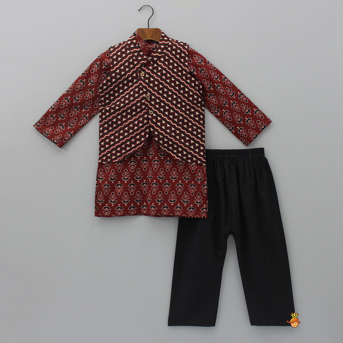 Pockets Detail Brown Kurta With Stylish Hem Printed Jacket And Pyjama