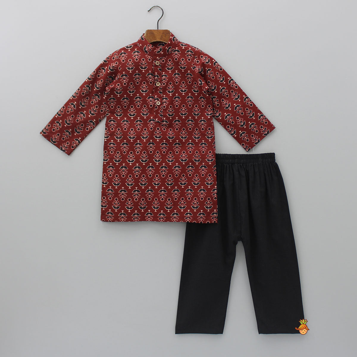 Pockets Detail Brown Kurta With Stylish Hem Printed Jacket And Pyjama