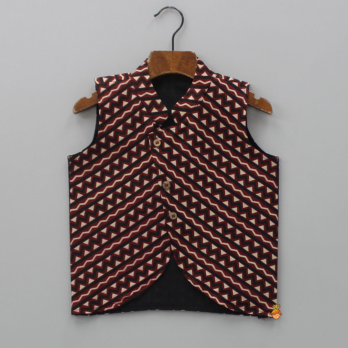 Pockets Detail Brown Kurta With Stylish Hem Printed Jacket And Pyjama