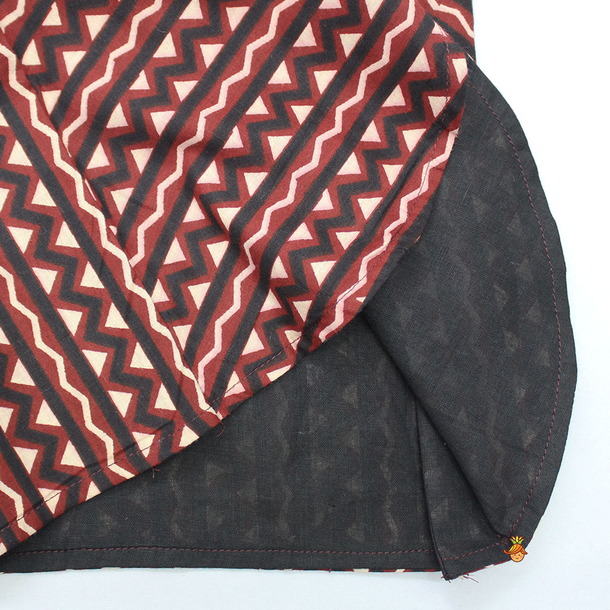 Pockets Detail Brown Kurta With Stylish Hem Printed Jacket And Pyjama