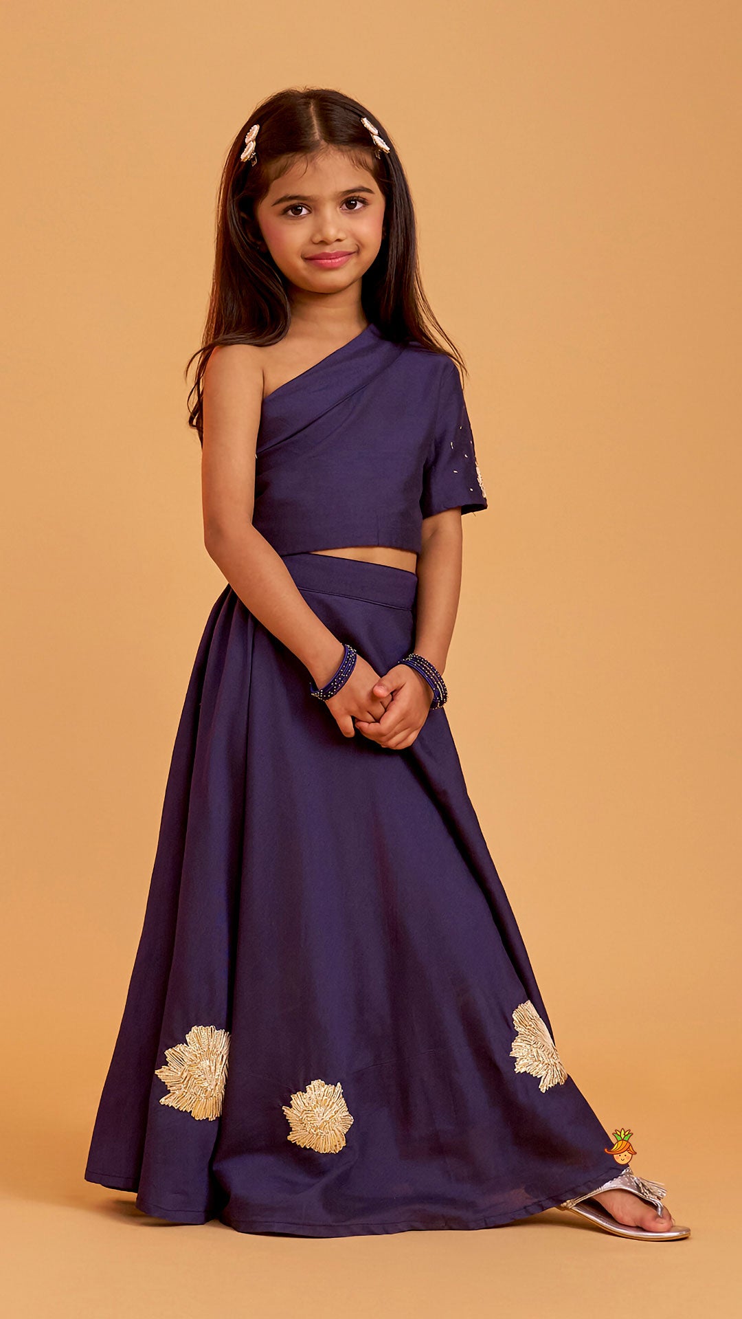 One Shoulder Blue Top And Floral Lehenga