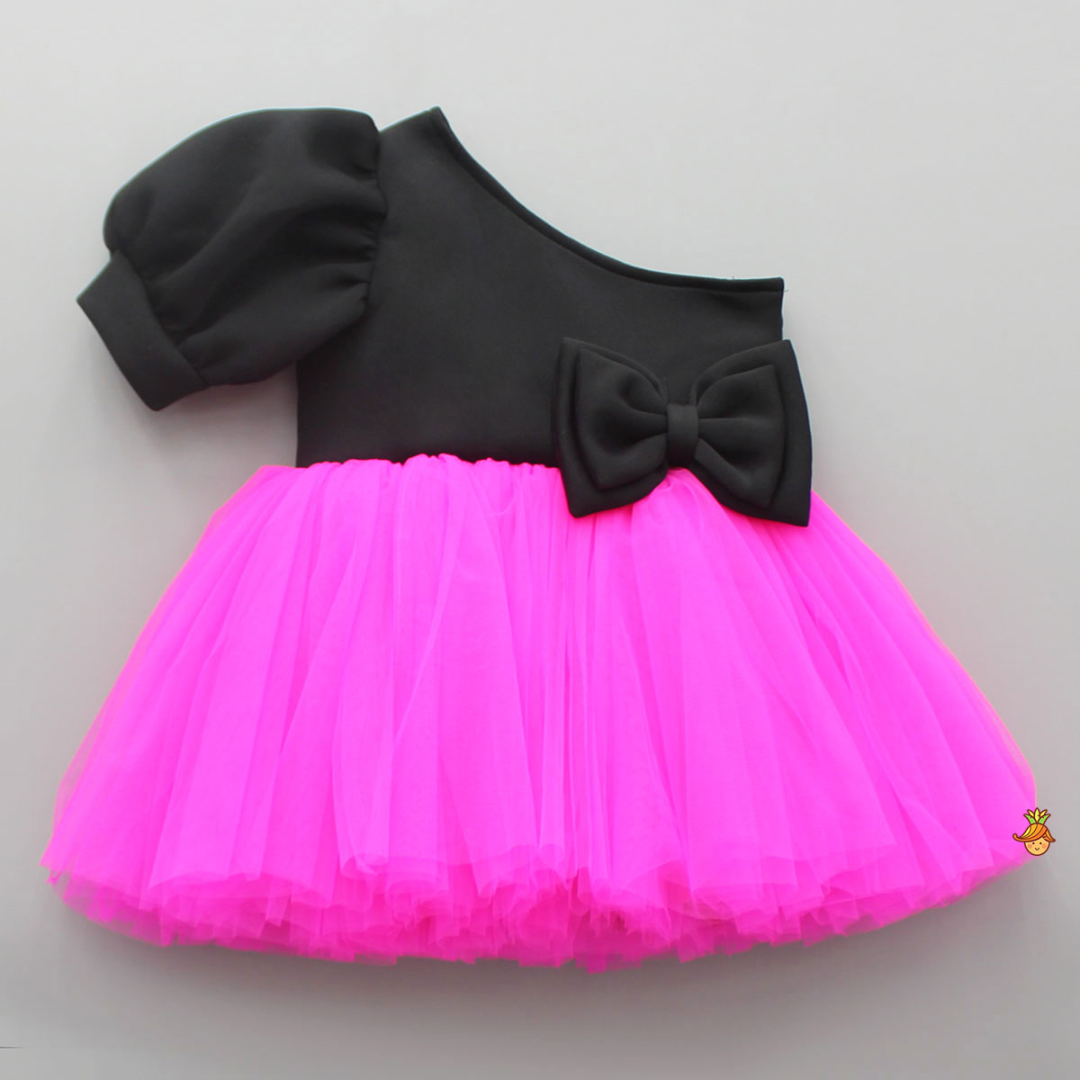 One Shoulder Bow Enhanced Pink And Black Net Dress