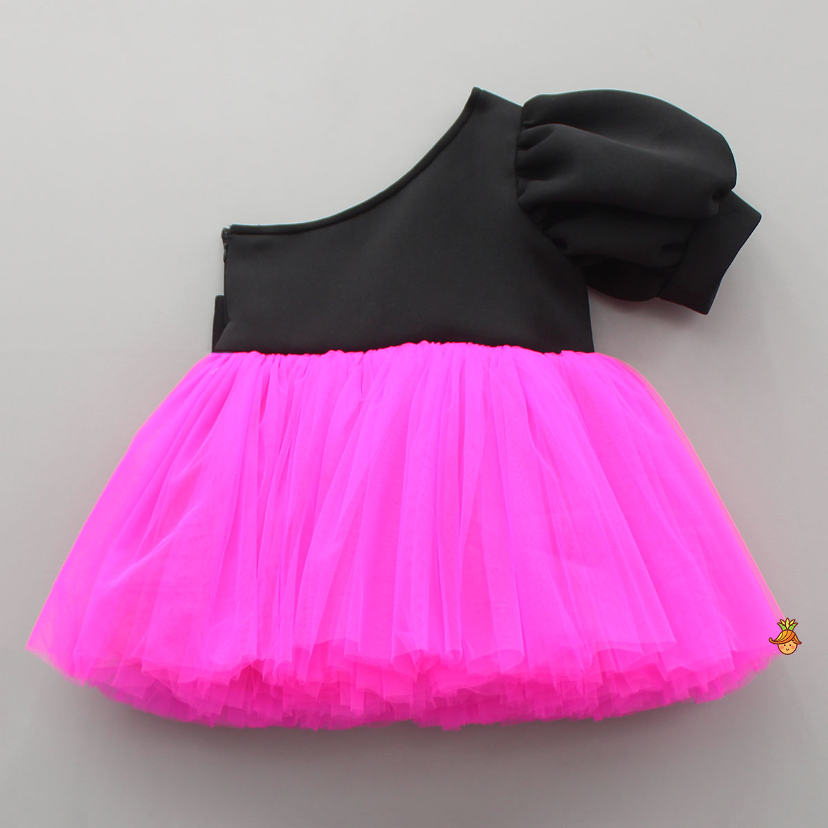 One Shoulder Bow Enhanced Pink And Black Net Dress