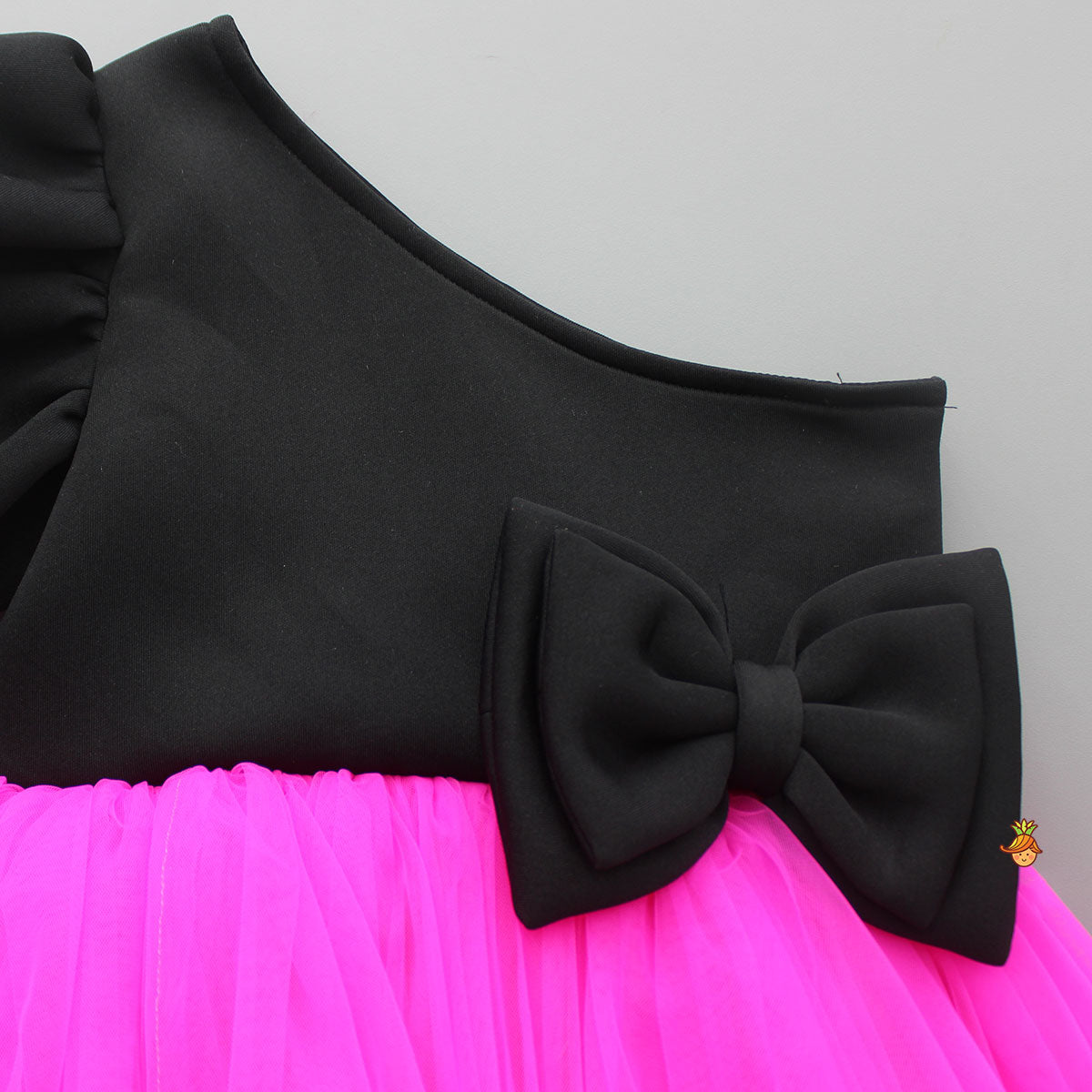 One Shoulder Bow Enhanced Pink And Black Net Dress