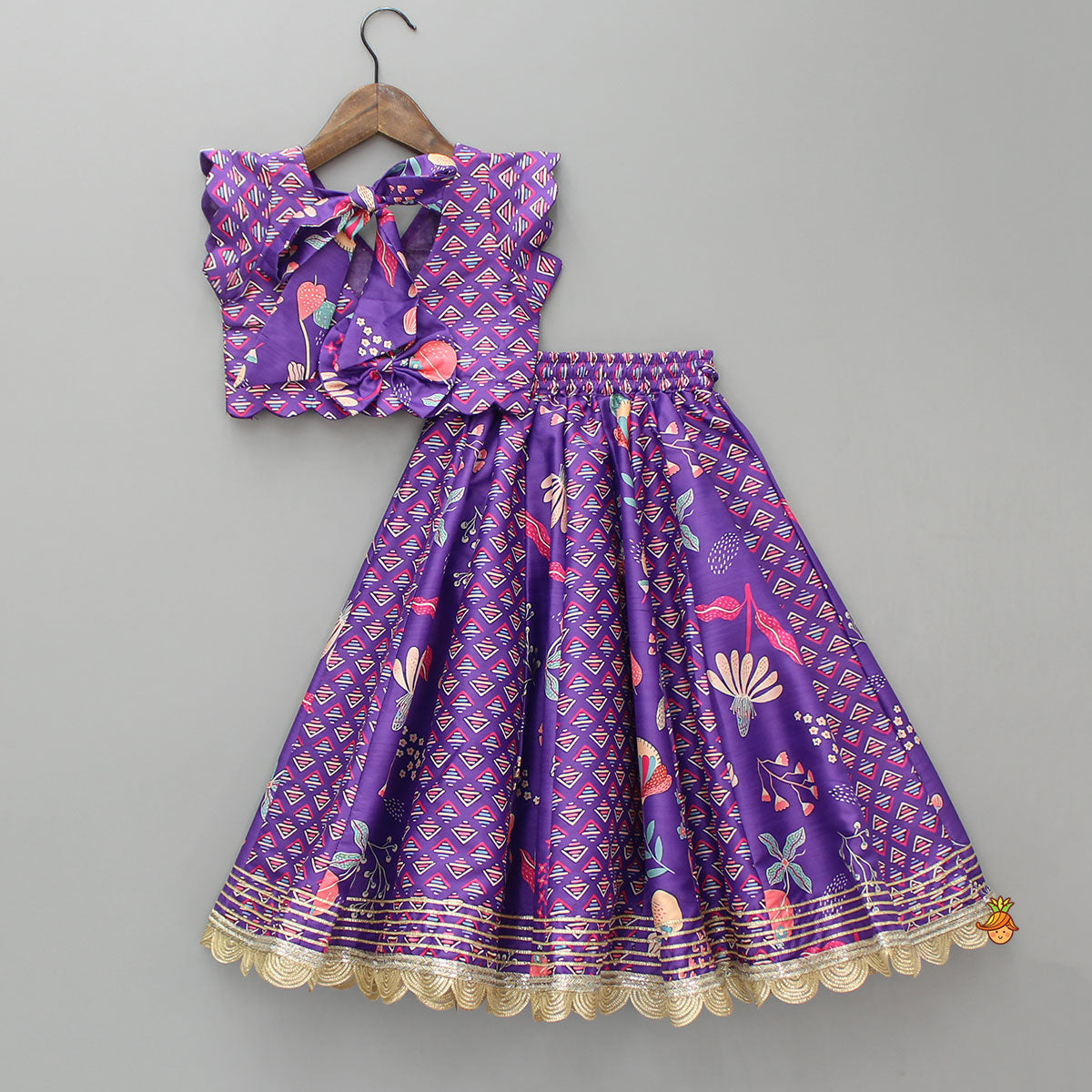 Scalloped Hem V Neck Purple Top And Lehenga With Matching Hair Band