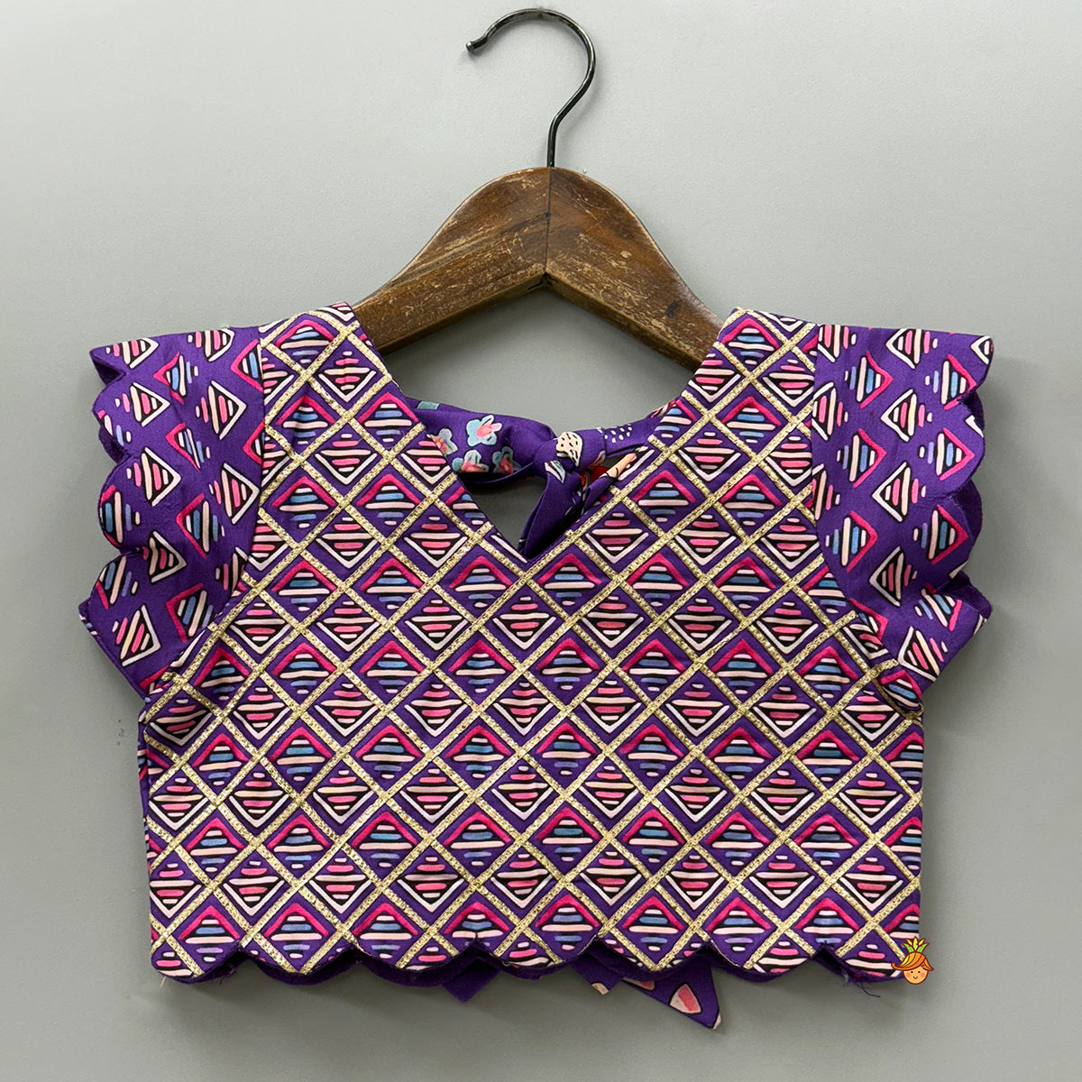 Scalloped Hem V Neck Purple Top And Lehenga With Matching Hair Band