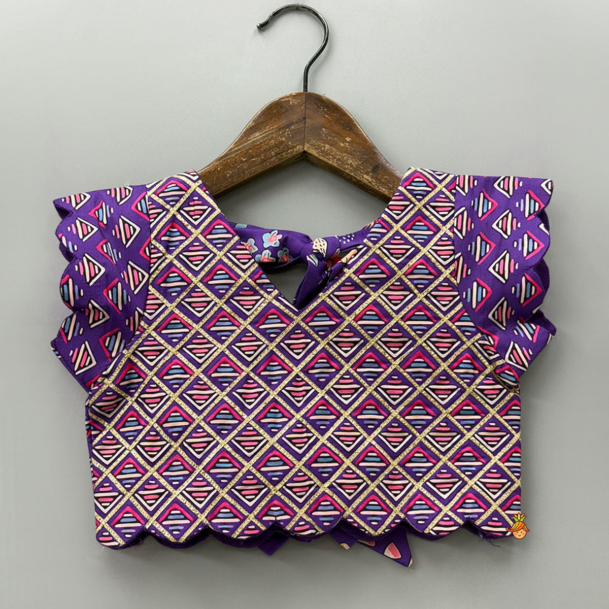 Scalloped Hem V Neck Purple Top And Lehenga With Matching Hair Band