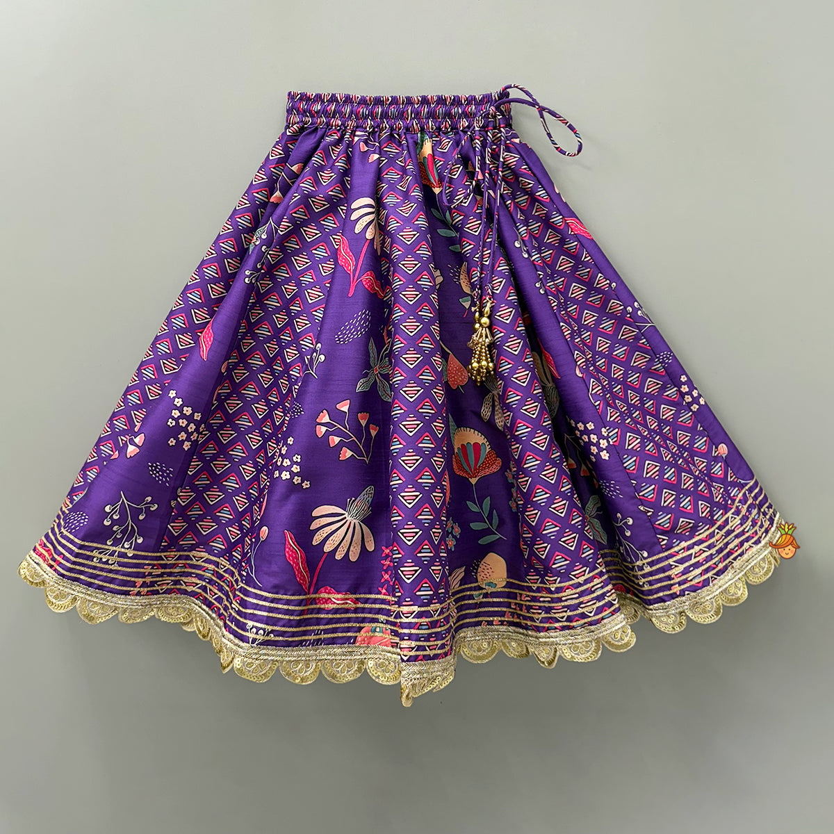 Scalloped Hem V Neck Purple Top And Lehenga With Matching Hair Band