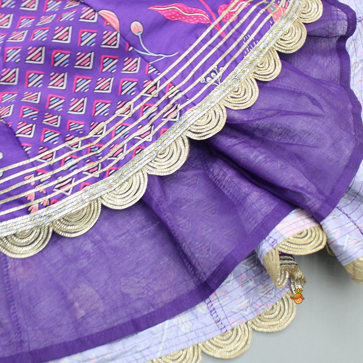 Scalloped Hem V Neck Purple Top And Lehenga With Matching Hair Band