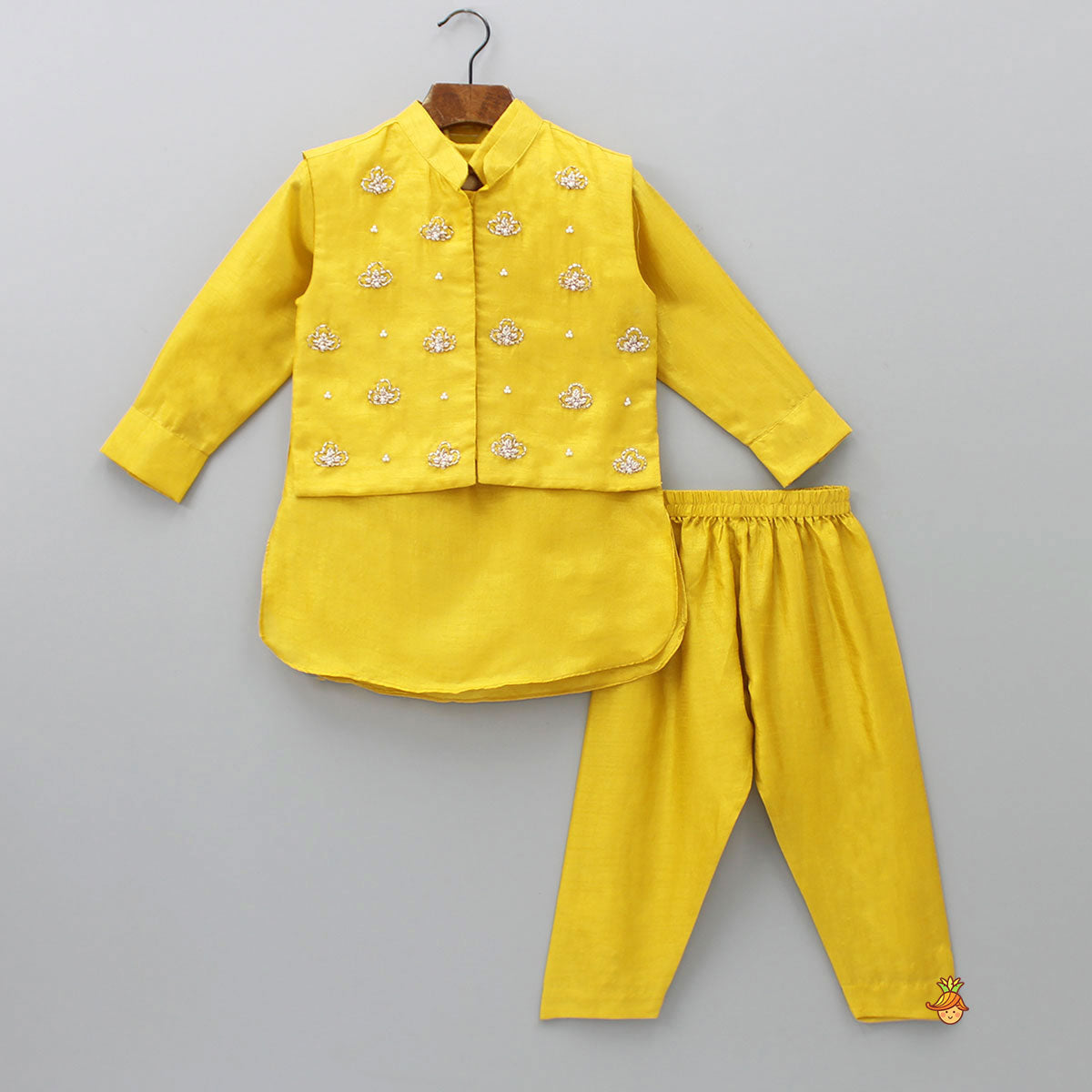 Collar-Neck Mustard Kurta With Embroidered Jacket And Pyjama