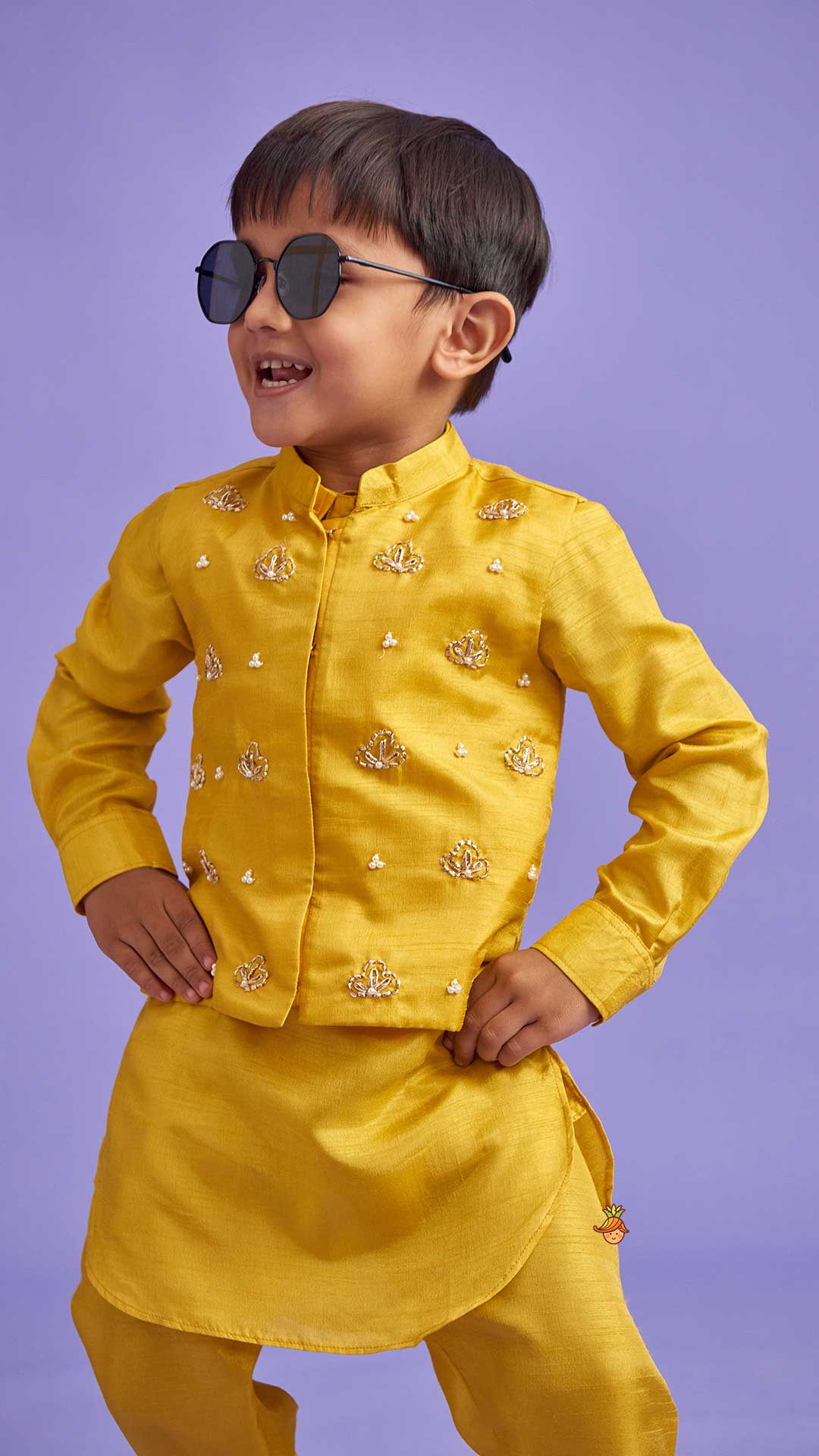 Collar-Neck Mustard Kurta With Embroidered Jacket And Pyjama