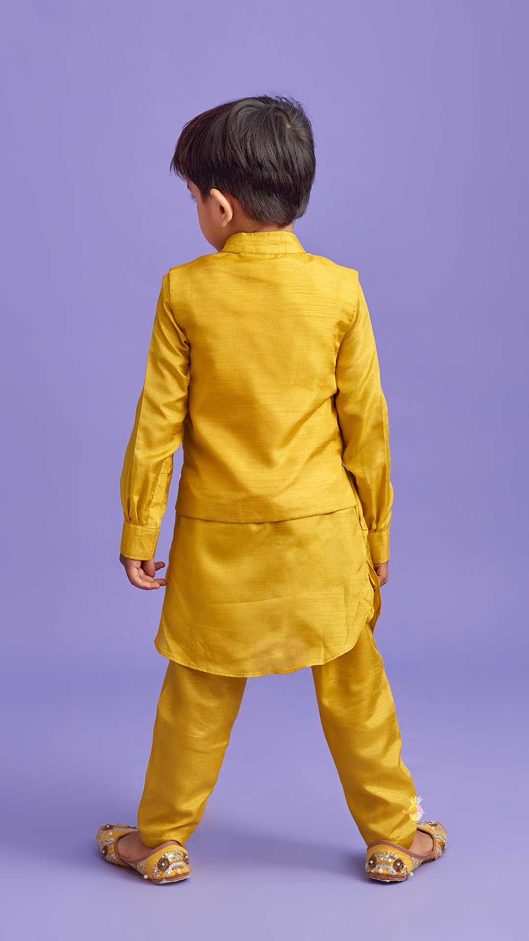 Collar-Neck Mustard Kurta With Embroidered Jacket And Pyjama