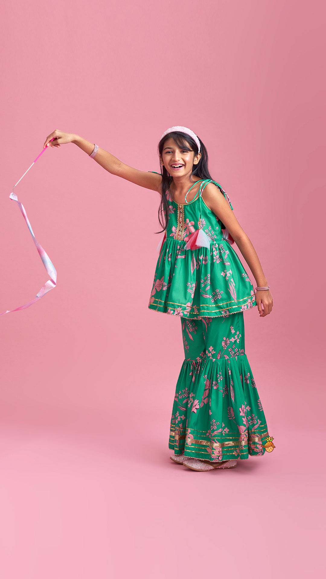 Green Top And Sharara With Pink Floral Prints And Net Dupatta