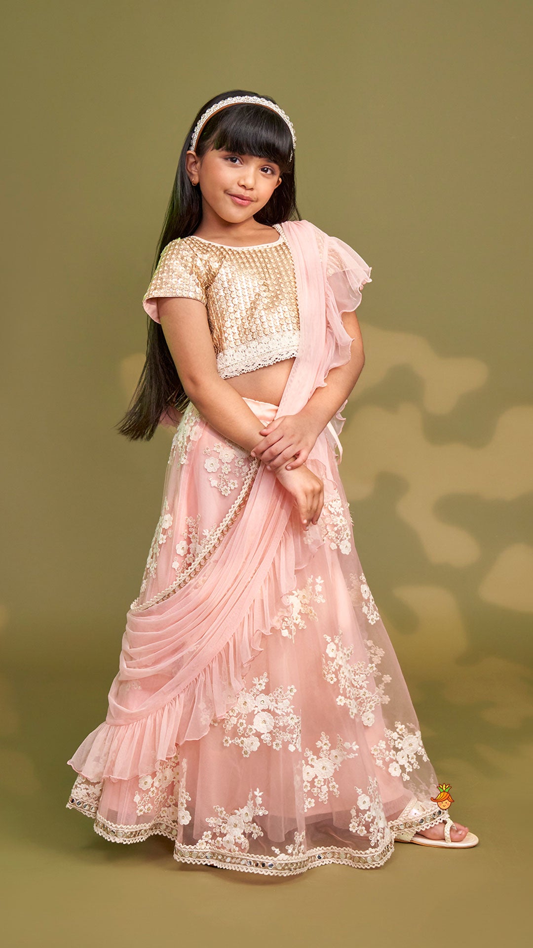 Sequins Work Top With Embroidered Lehenga And Attached Dupatta
