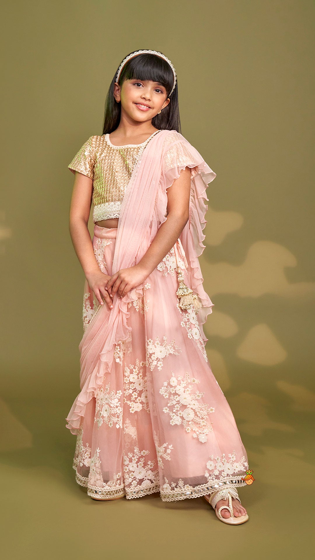 Sequins Work Top With Embroidered Lehenga And Attached Dupatta