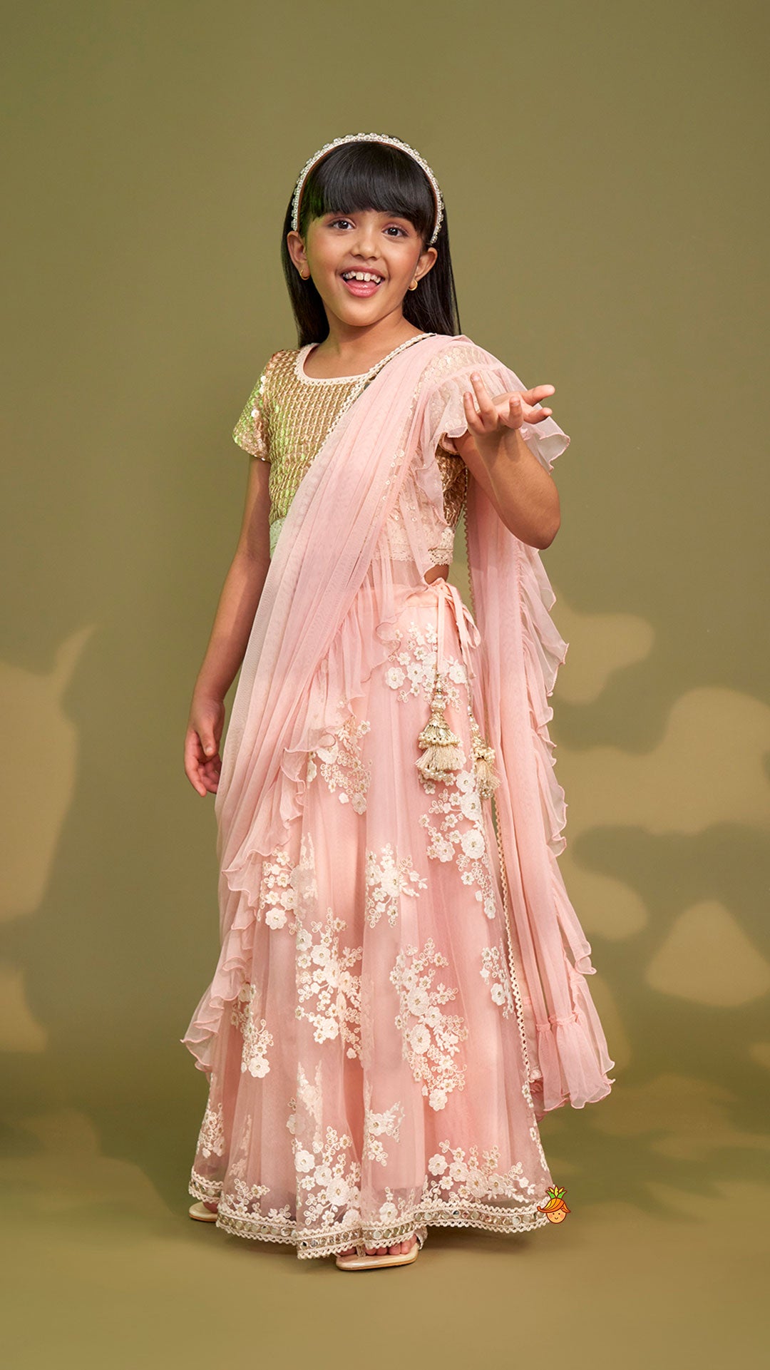 Sequins Work Top With Embroidered Lehenga And Attached Dupatta