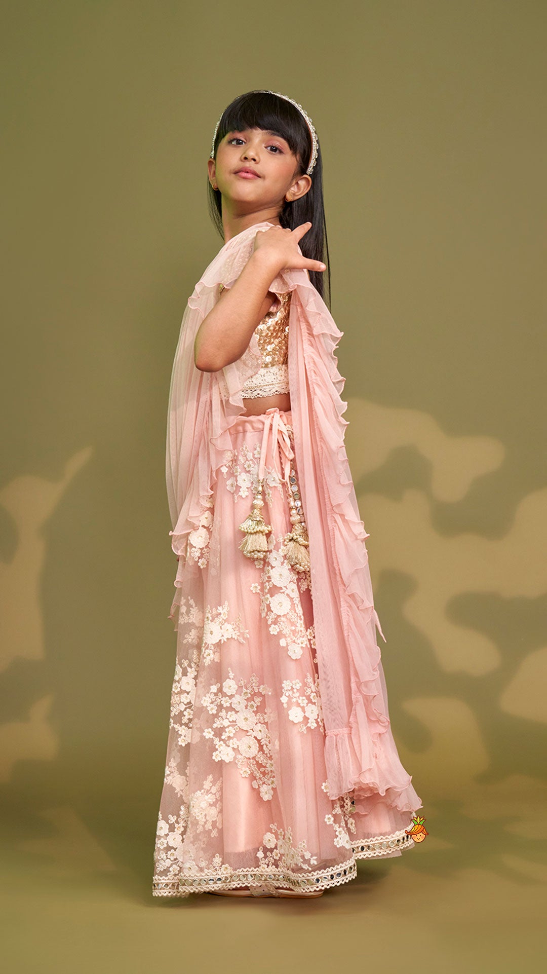 Sequins Work Top With Embroidered Lehenga And Attached Dupatta