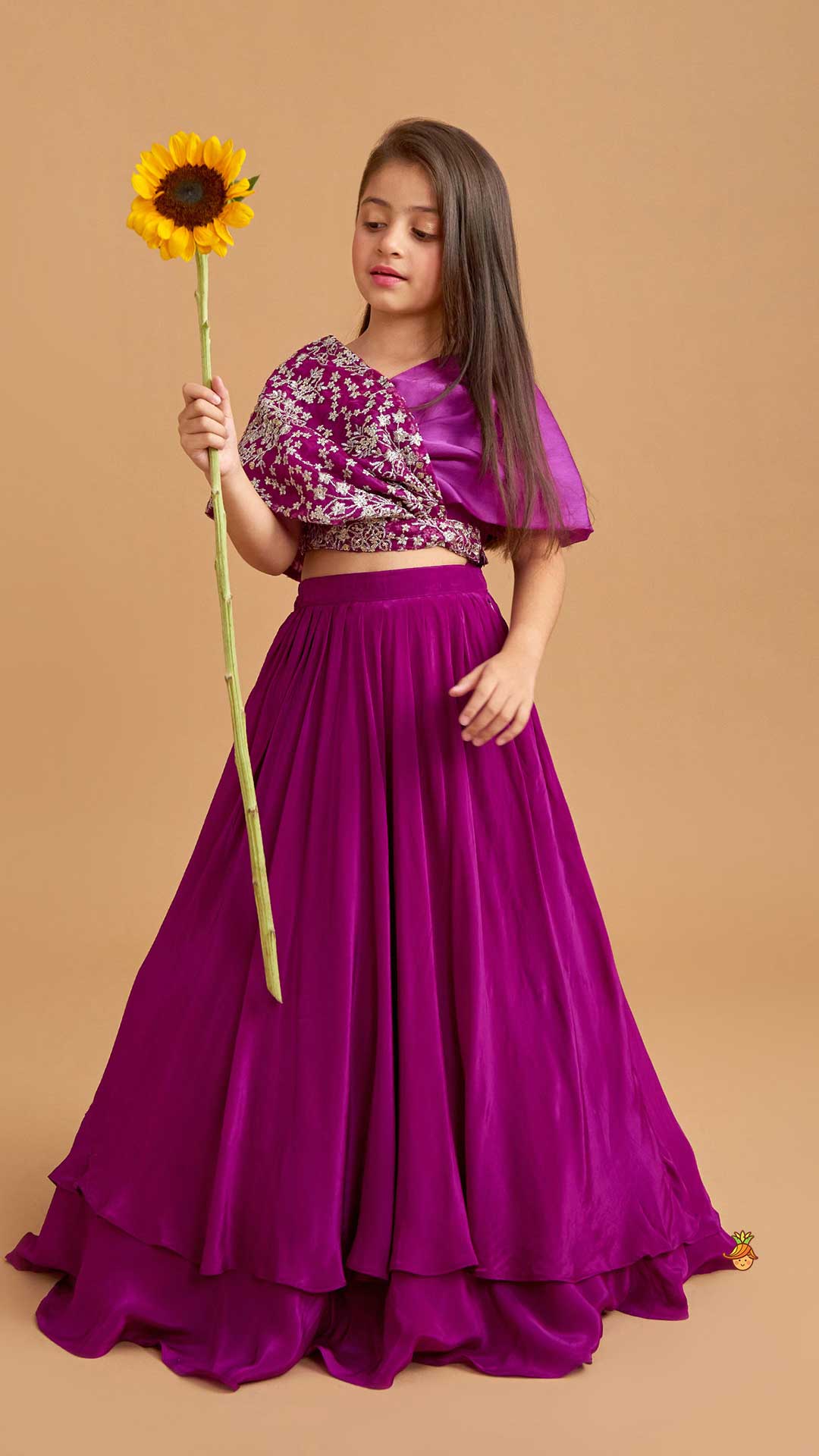 Stylish Overlap Purple Top And Layered Lehenga