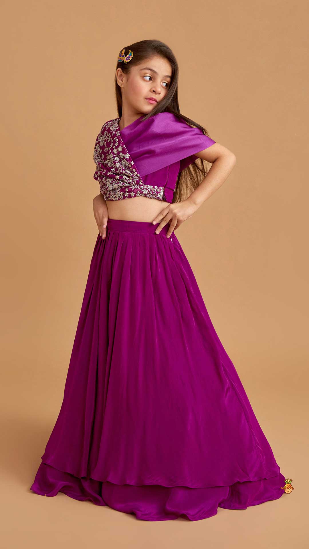 Stylish Overlap Purple Top And Layered Lehenga