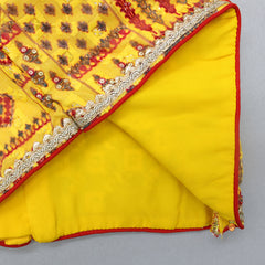Sleeveless Printed Yellow Top And Lehenga With Maroon Dupatta