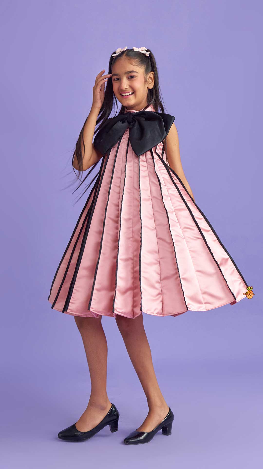 Charming Pink And Black Stylish Pleated Dress
