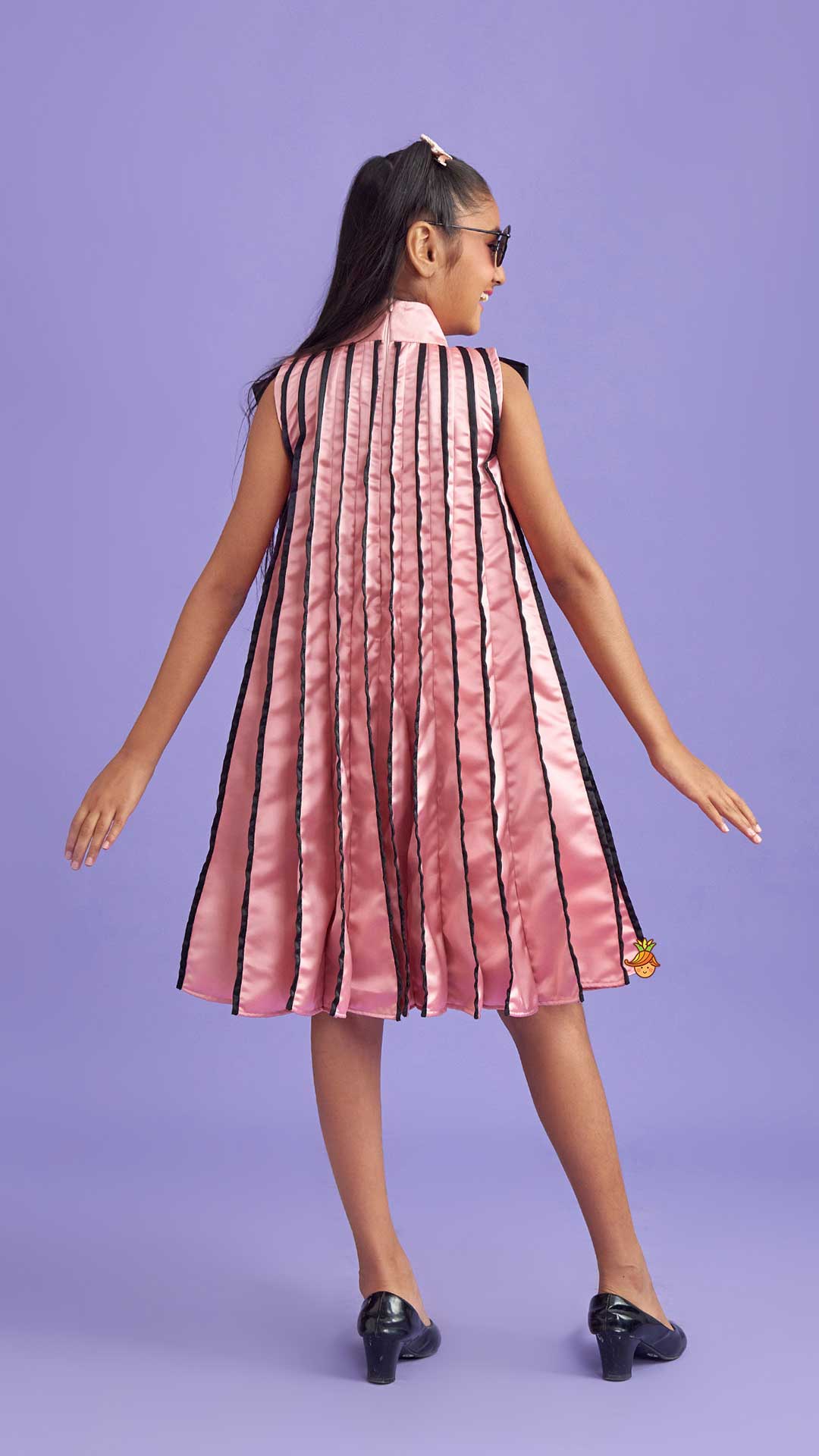 Charming Pink And Black Stylish Pleated Dress