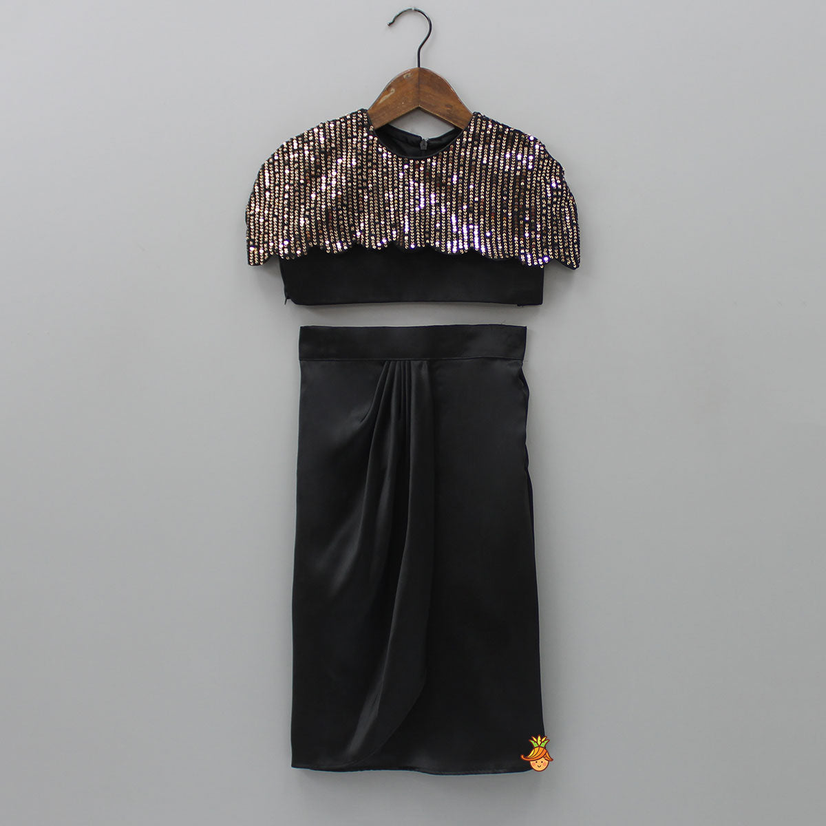 Black Crop Top With Sequined Scalloped Cape And Dhoti Style Skirt
