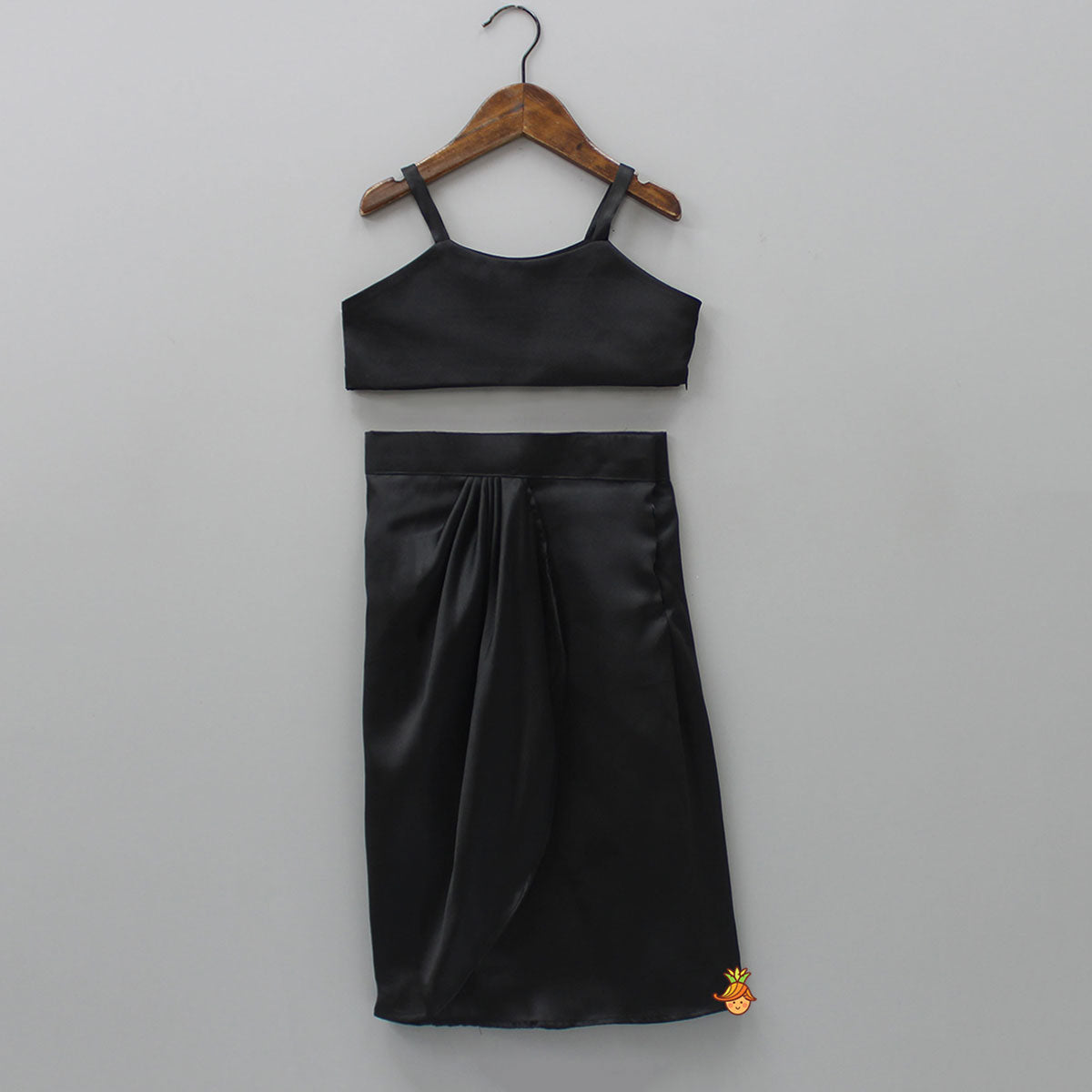 Black Crop Top With Sequined Scalloped Cape And Dhoti Style Skirt