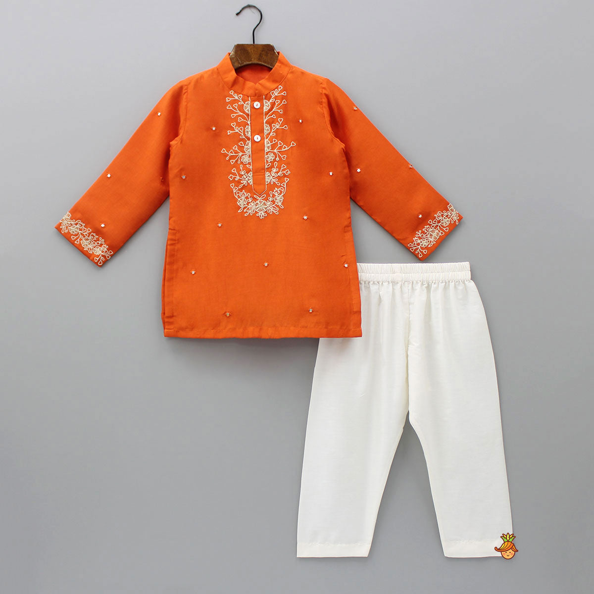 Orange Faux Mirror Work Kurta With Pyjama