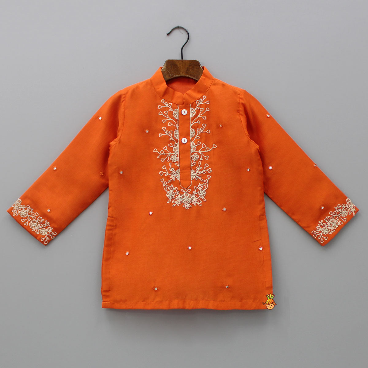 Orange Faux Mirror Work Kurta With Pyjama