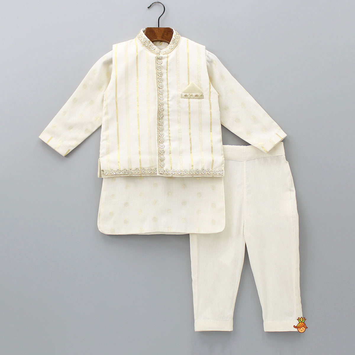 Off White Embroidered Cotton Kurta With Shimmery Pocket Square Jacket And Pyjama