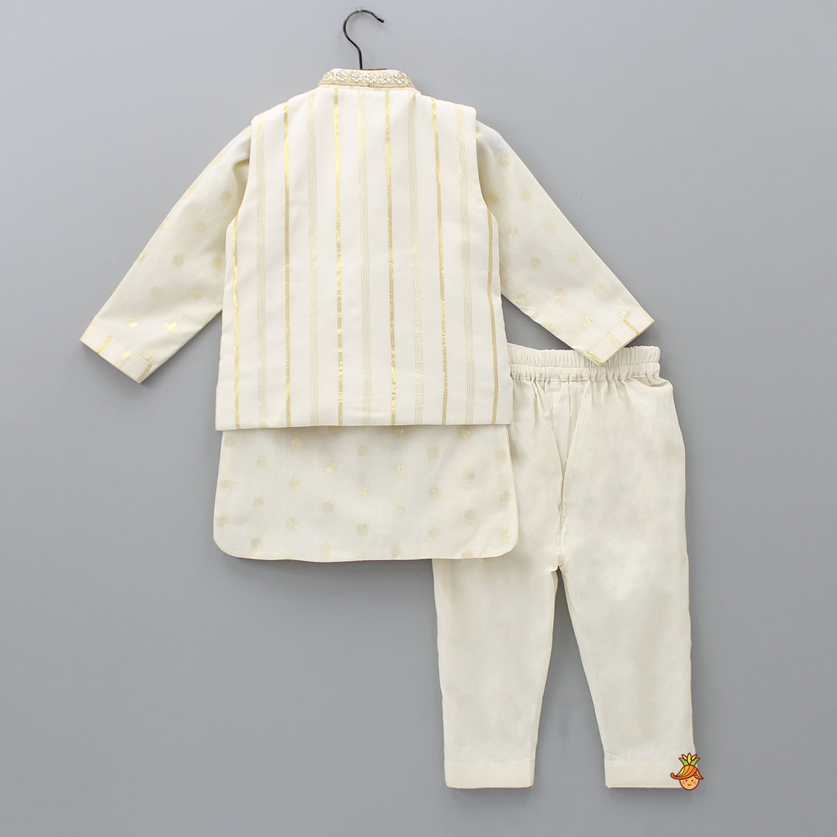 Off White Embroidered Cotton Kurta With Shimmery Pocket Square Jacket And Pyjama