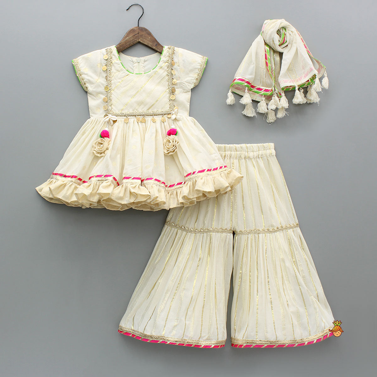 Striped Yoke Off-White Top And Sharara With Fringed Dupatta
