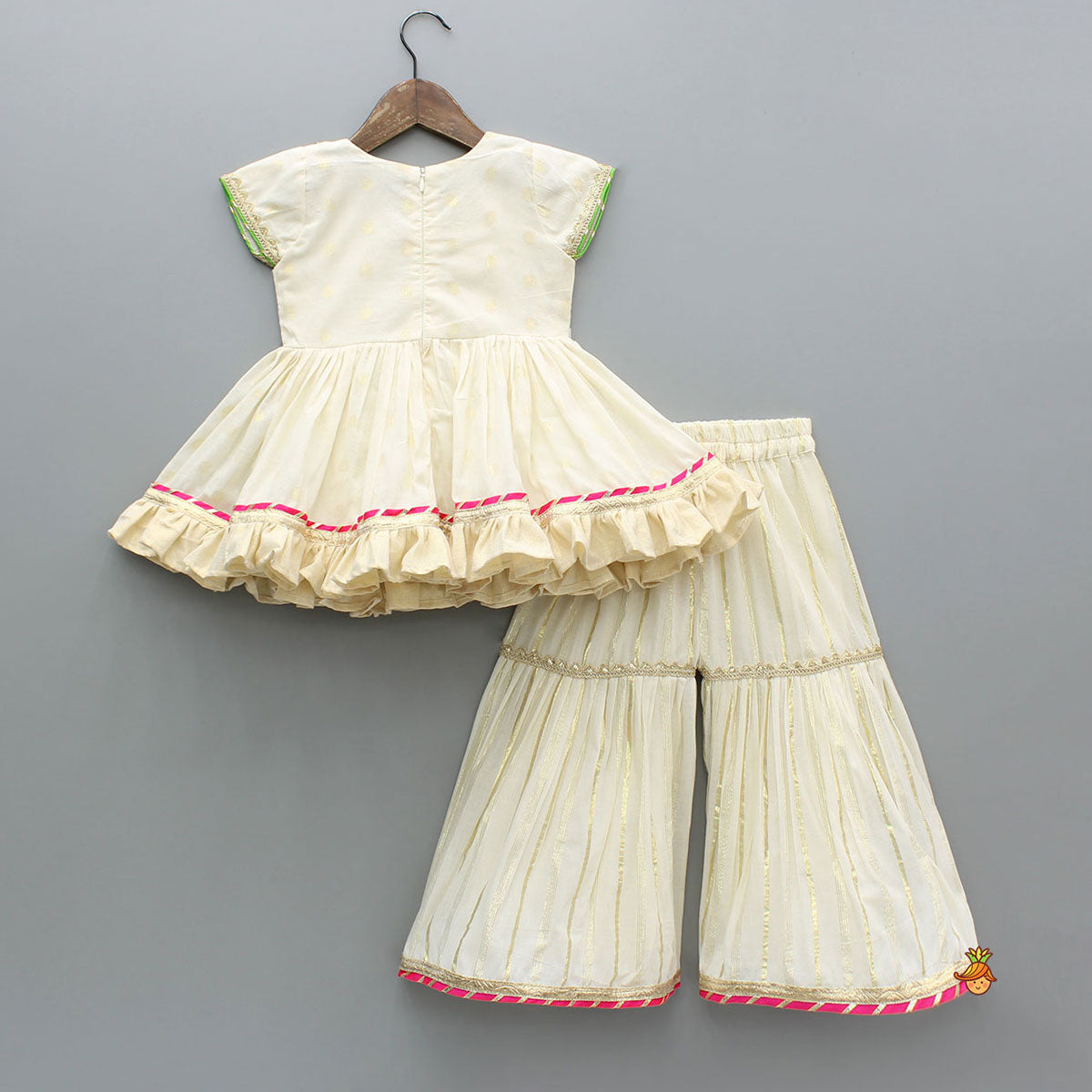 Striped Yoke Off-White Top And Sharara With Fringed Dupatta