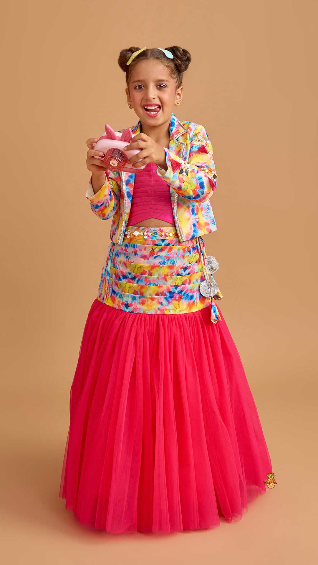 Pleated Pink Crop Top With Multicolour Jacket And Fish Cut Lehenga