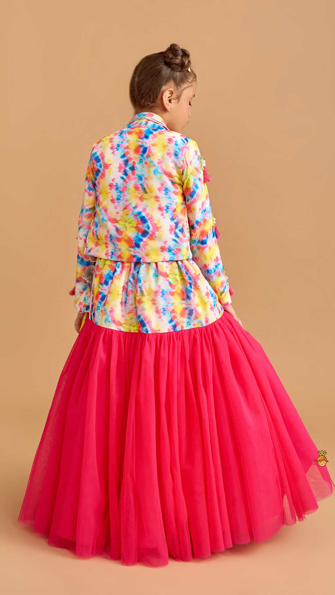 Pleated Pink Crop Top With Multicolour Jacket And Fish Cut Lehenga